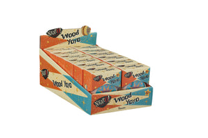 Stack of three colorful vintage "Neato! Wood Yo-Yo" boxes with retro design, isolated on a white background.