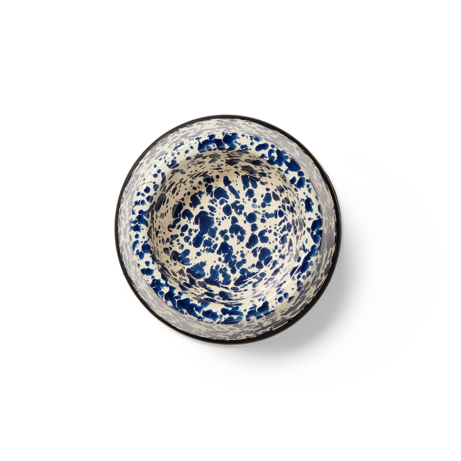 The Splatter Enamelware Small Pet Bowl features a blue and white speckled design, is non-toxic, and is shown from above against a plain white background.