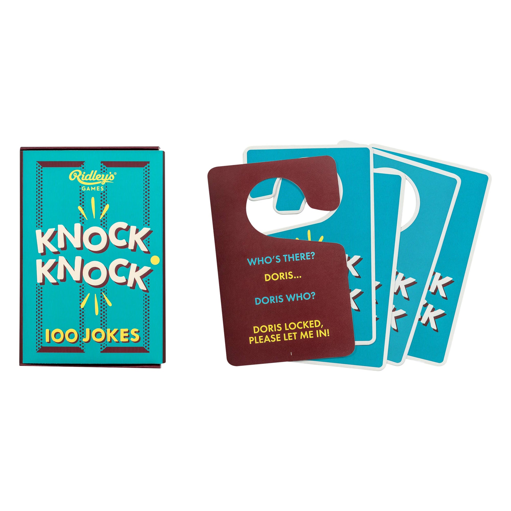 A group of 100 Knock Knock Jokes cards, perfect for kids to enjoy from Ridley's Games.