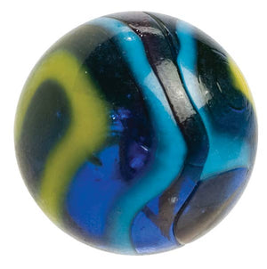 A close-up image of a Neato! Marbles In A Tin Box game set with swirls of blue, black, and yellow.