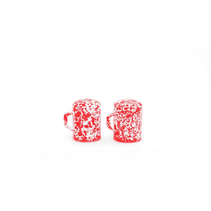 A pair of small red and white speckled Splatter Enamelware Salt & Pepper Shakers, from a colorful enamelware collection, are placed side by side on a plain white background.