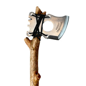 A Pocket Tomahawk Axe Multi-Tool head attached to a wooden handle with black cord, isolated on a white background.