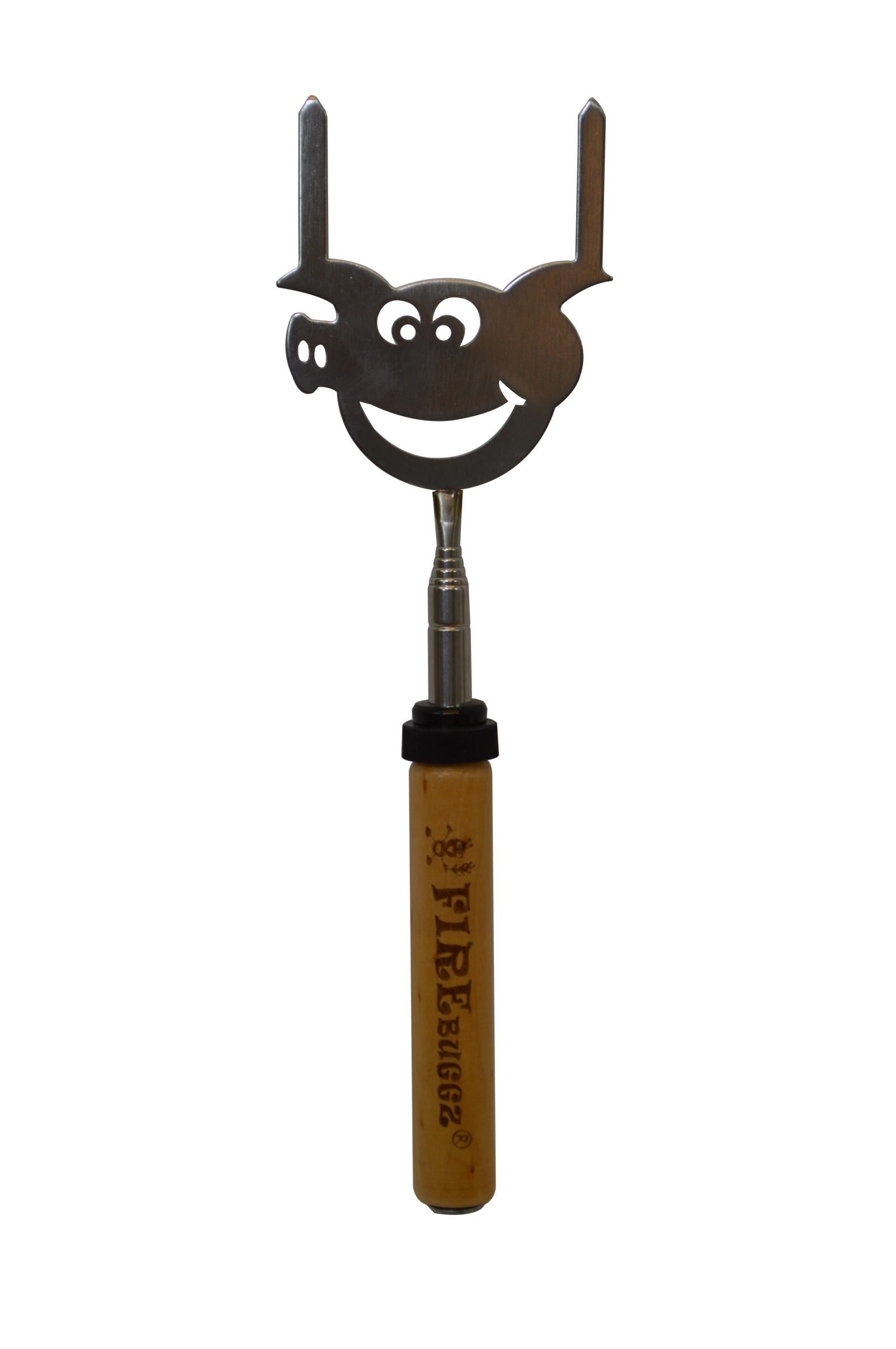 The Reach N Roll Pig is a grilling utensil featuring a wooden handle marked with the word "Fire" and a metal top shaped like a smiling pig face. This campfire roaster boasts a unique design that adds fun to your outdoor cooking experience.