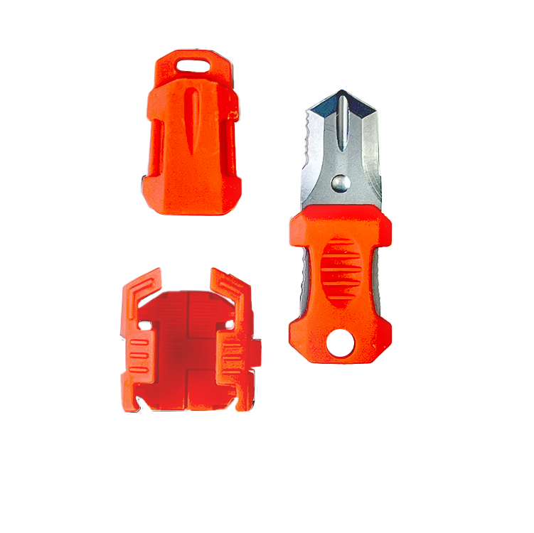 Four images of a MOLLE Knife, Orange with a retractable blade in various positions: open blade, folded, and side view with the blade partially extended, showcasing its versatility as essential tactical gear.