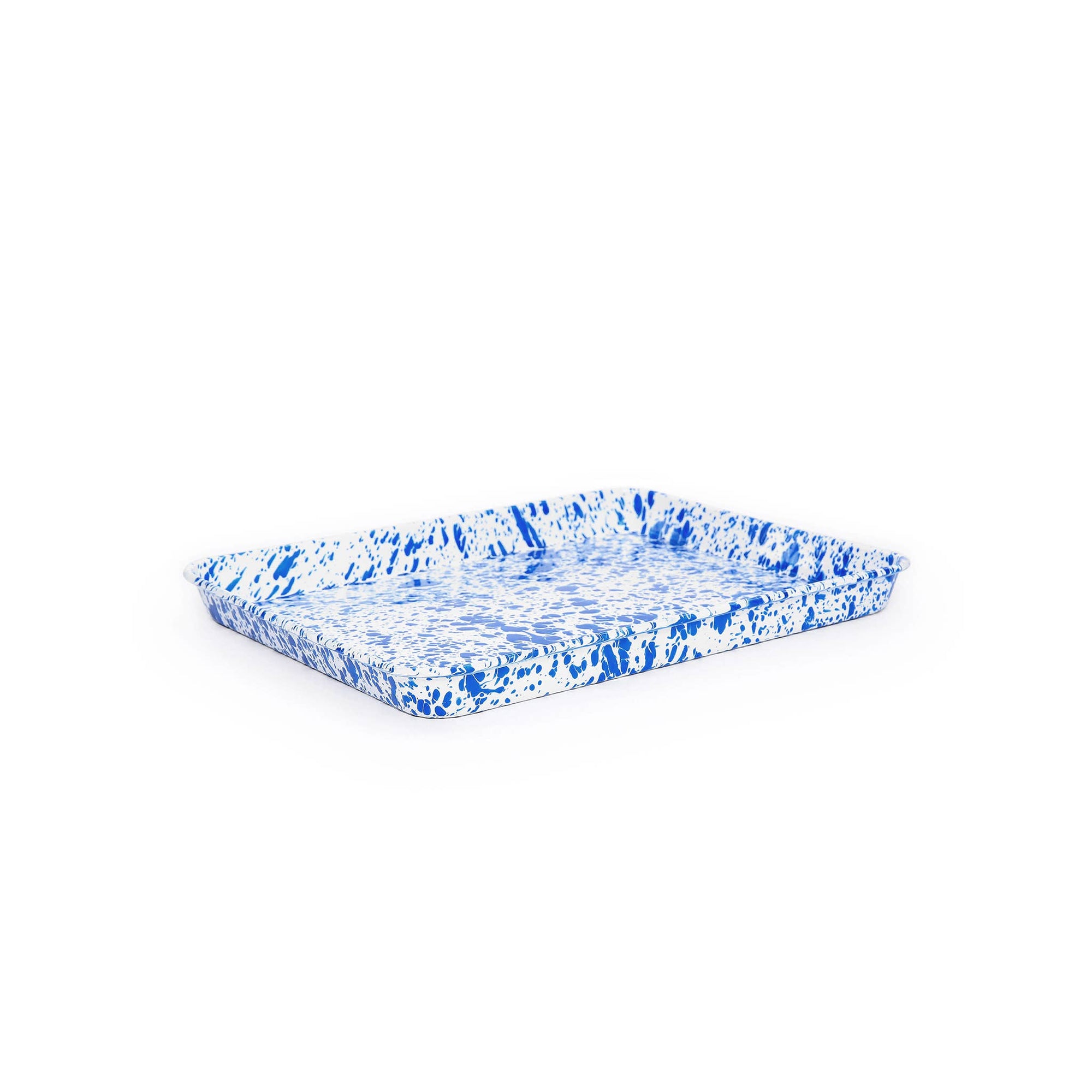 A small, rectangular Splatter Enamelware tray with blue and white speckles and slightly raised edges, isolated on a white background.