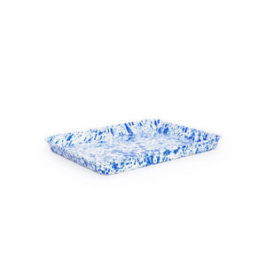 A small, rectangular Splatter Enamelware tray with blue and white speckles and slightly raised edges, isolated on a white background.