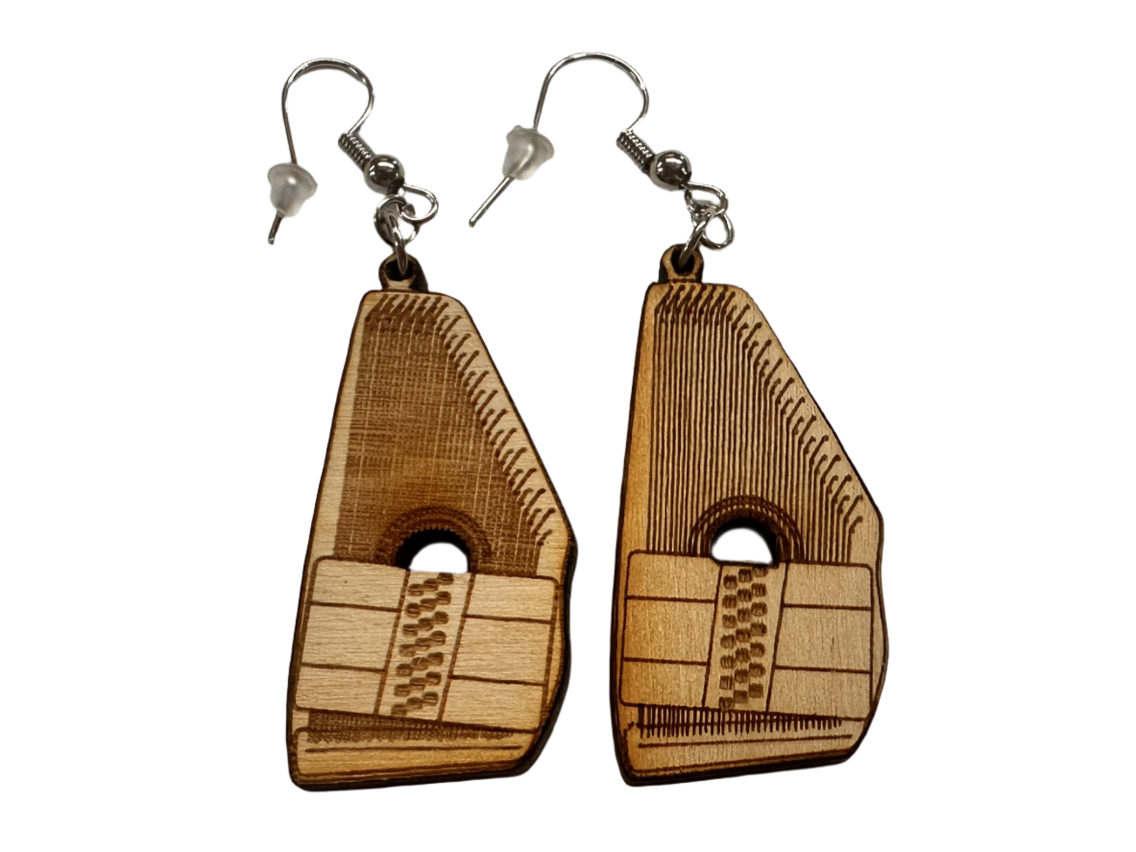 Autoharp Wooden Earrings: A pair of wooden earrings engraved with geometric patterns, showcasing angular shapes and a central rectangle with a circular cutout.