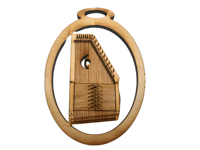 The Autoharp Wooden Ornament features an engraved autoharp image framed in an oval shape, complete with a small top hole for easy hanging.