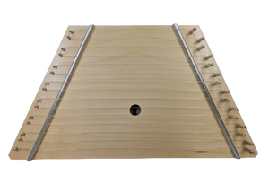 Lap Harp Birch is a trapezoidal wooden acoustic folk instrument featuring multiple metal strings and tuning pegs on both sides.