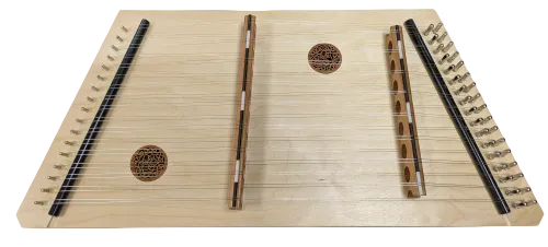The Backpacker Hammered Dulcimer by Spring River Woodworks is a portable instrument featuring rows of strings, two decorative sound holes, and tuning pegs on the right side.