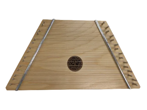The Lap Harp Birch with Celtic Knot is a folk instrument featuring multiple strings, tuning pins, and a central decorative circular sound hole with a Celtic knot design, all set on a plain background.