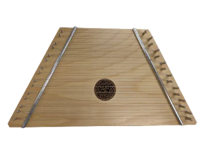 The Lap Harp Birch with Celtic Knot is a folk instrument featuring multiple strings, tuning pins, and a central decorative circular sound hole with a Celtic knot design, all set on a plain background.