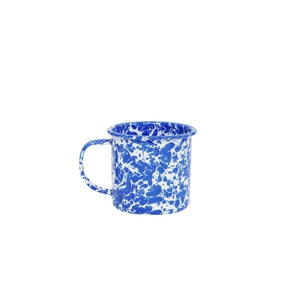 The Splatter Enamelware 12 oz Mug features a blue and white speckled design with a sturdy handle, photographed centered on a plain white background—ideal for entertaining or everyday use.