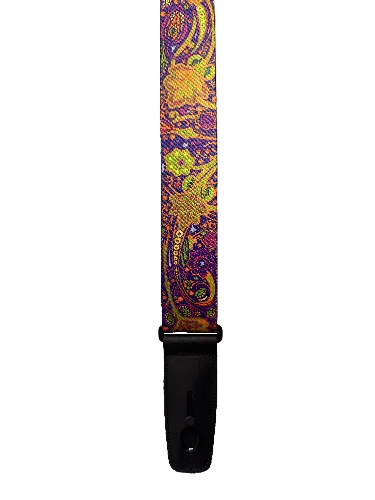 The Lock-It Bob Masse Series Purple Strap features a swirling psychedelic pattern in purple, yellow, pink, and green, and is finished with a black leather tip.