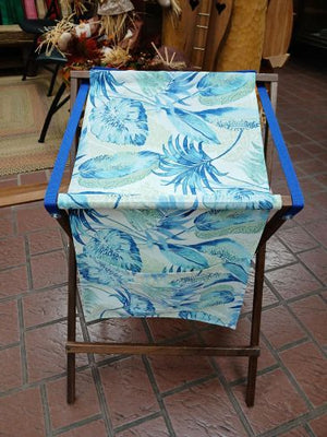 Sling Music Stand, a folding wooden music stand featuring a blue and white tropical leaf print fabric sling.