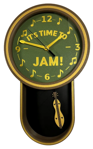 The Mountain Dulcimer Pendulum Clock features a round green face with gold numbers, musical notes, and "IT'S TIME TO JAM!" text. A small guitar decorates the bottom—perfect folk music decor or a unique dulcimer-themed gift.