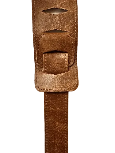 Close-up of the Lock-It Brown Leather Strap featuring a rectangular buckle and visible stitching, set against a plain light background.