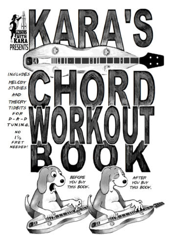 Black and white illustration of the "Kara Barnard-Chord Workout Book" cover, featuring a dog cartoon before and after buying the book, plus text about melody studies and D-A-D tuning.