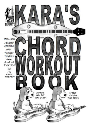 Black and white cover of “Kara’s Chord Workout Book for Mountain Dulcimer - Barnard,” featuring a guitar, two cartoon dogs with guitars, and text promoting melody studies, chord shapes, and theory for D-A-D tuning.