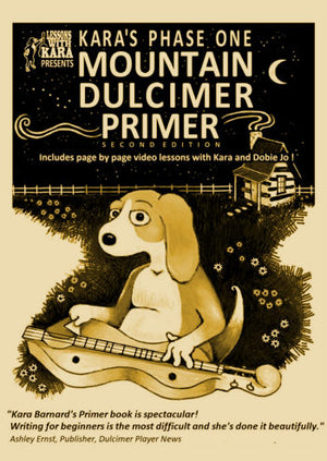 Cartoon dog playing a mountain dulcimer with a house and tree in the background, inviting you to learn with the “Phase One Mountain Dulcimer Primer - Barnard” music lesson book—perfect for any aspiring mountain dulcimer player or music teacher!.