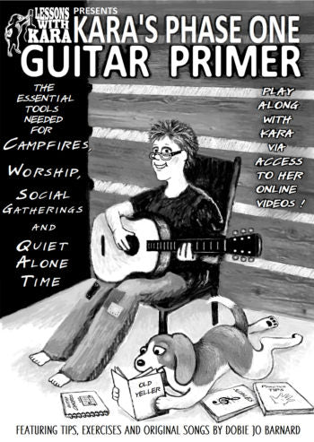 A person sits on a stool playing an acoustic guitar, with sheet music titled "Old Yeller" and a dog nearby. The scene promotes the Kara Barnard-Guitar Primer book.