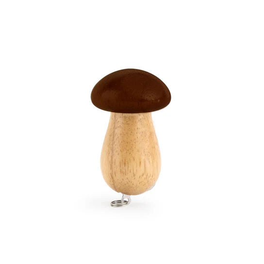 A wooden Mushroom Tool Keychain-shaped wine bottle stopper with a metal base, isolated on a white background.