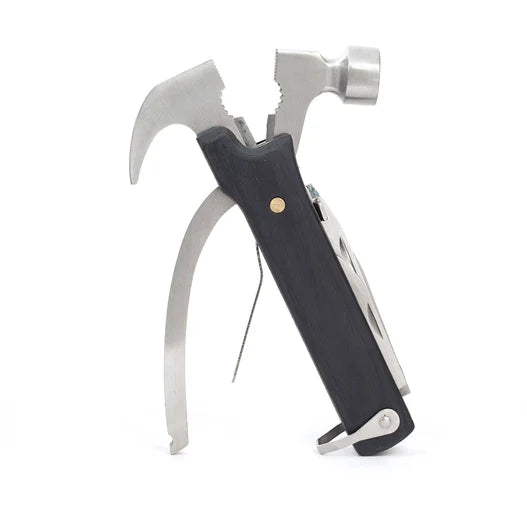 Black Wood Multi Hammer Tool with hammer, bottle opener, knife, and pliers on a white background.