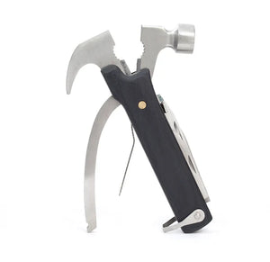 Black Wood Multi Hammer Tool with hammer, bottle opener, knife, and pliers on a white background.