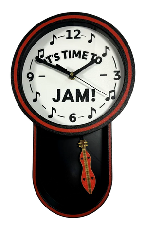 The Mountain Dulcimer Pendulum Clock features musical notes, "IT'S TIME TO JAM!" on the face, and a small red guitar—ideal as folk music wall decor or a unique dulcimer-themed gift for any music lover.