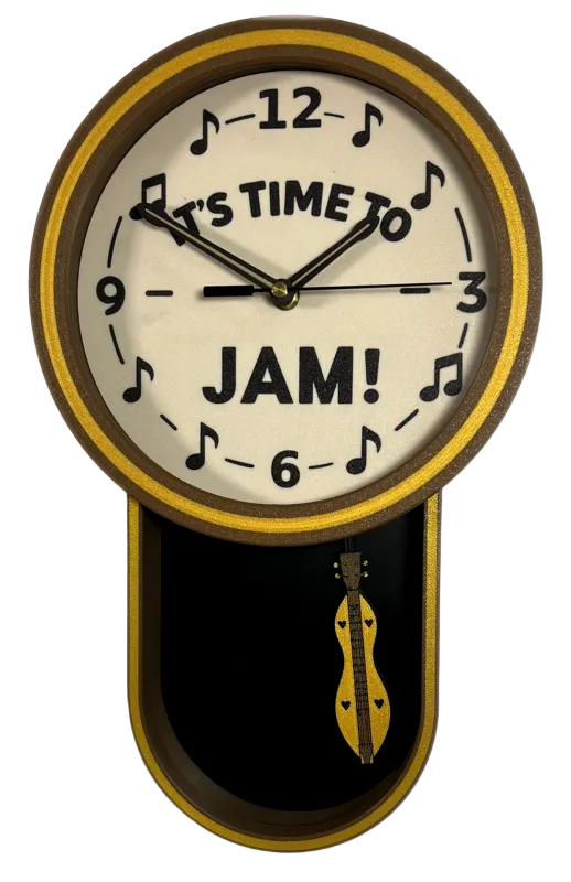 The Mountain Dulcimer Pendulum Clock features "It's time to jam!" on the face, music notes around the numbers, and a small dulcimer illustration—ideal as folk music decor or a unique gift for mountain dulcimer lovers.