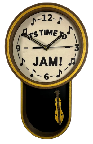 The Mountain Dulcimer Pendulum Clock features "It's time to jam!" on the face, music notes around the numbers, and a small dulcimer illustration—ideal as folk music decor or a unique gift for mountain dulcimer lovers.