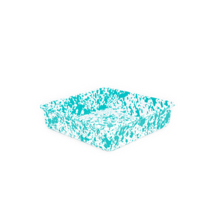 Square white enamelware Splatter Enamelware Square Brownie Pan with a teal splatter pattern.