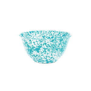 The Splatter Enamelware Large Salad Bowl features a round design with a white base and a striking turquoise splatter pattern, displayed against a plain white background.