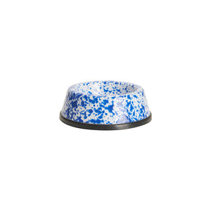The Splatter Enamelware Small Pet Bowl, featuring a blue and white speckled design with a black base, is centered on a white background.