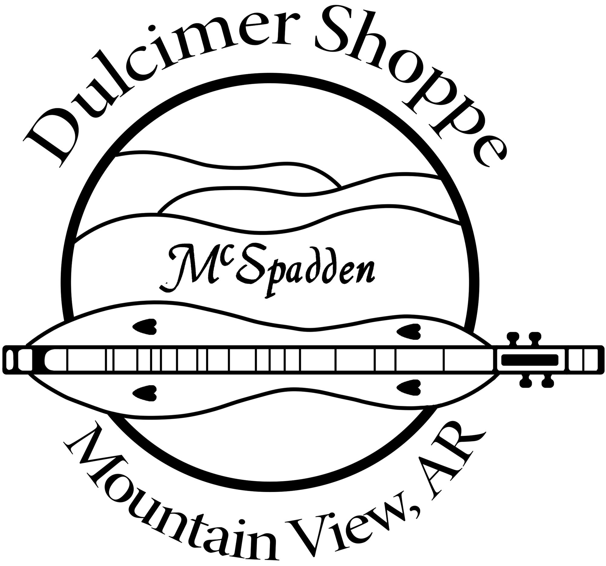 Black and white logo for Dulcimer Shoppe, Mountain View, AR, with a dulcimer, stylized hills, and "McSpadden" in a circular border—a perfect holiday gift. Give someone Gift Cards for the Dulcimer Shoppe this season!.