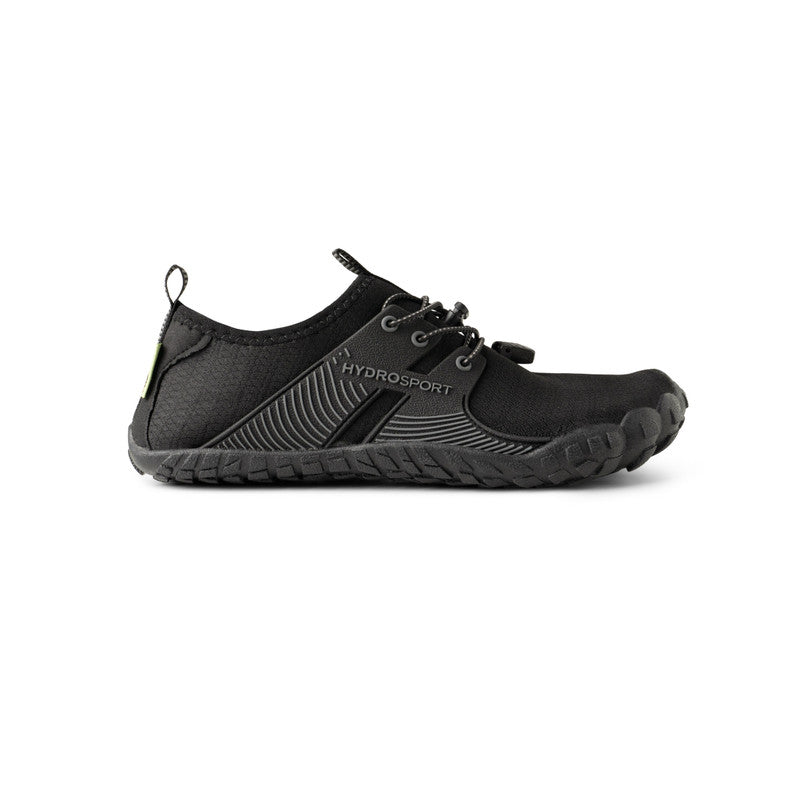 A single black HydroSport FitKicks water shoe with laces on a white background.