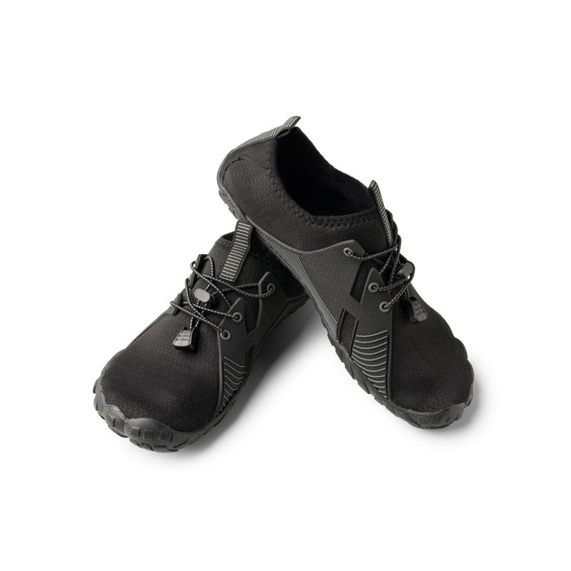 A pair of black HydroSport FitKicks with adjustable straps, isolated on a white background.