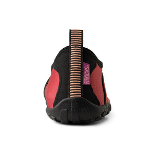 Rear view of a black and red HydroSport FitKicks amphibious athletic shoe with a visible velcro strap and prominent brand label, isolated on a white background.