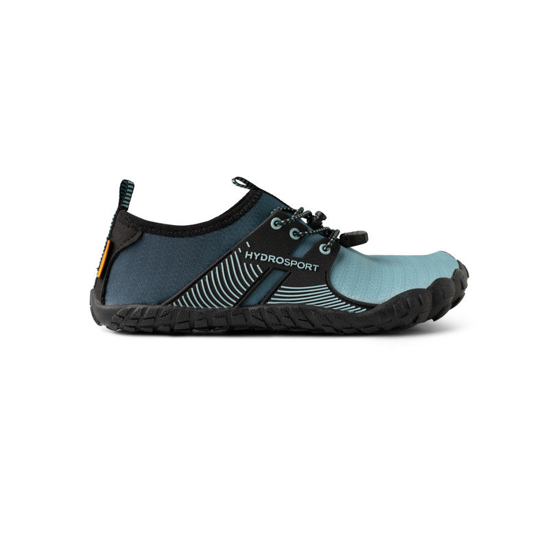 A single HydroSport FitKicks with laces and non-slip soles, showcasing a blend of blue and black colors.