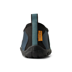 Back view of a black and blue HydroSport FitKicks amphibious hiking shoe with drainage holes and a prominent label displaying the brand name 'hi-tec' on a white background.