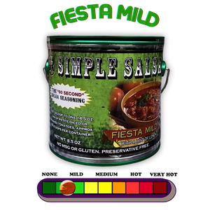 A container of Simple Salsa mix with a heat index scale indicating mild spiciness, featuring a gluten-free dry seasoning mix.
