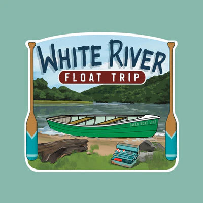 Illustration from the Ozark Collection: a "White River Float Trip" sign featuring a green boat by the riverbank, trees surrounding, two oars on either side, and a cooler at rest—all evoking serene adventure in this Scented Palette Candle Float Trip.