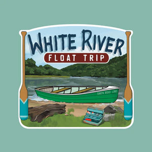 Illustration from the Ozark Collection: a "White River Float Trip" sign featuring a green boat by the riverbank, trees surrounding, two oars on either side, and a cooler at rest—all evoking serene adventure in this Scented Palette Candle Float Trip.