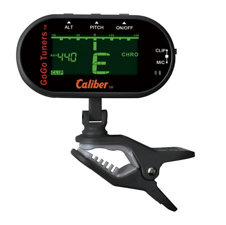 The GOGO Tuners Caliber Clip On Tuner features a spring-loaded clamp, a 360° swivel mount, and an easy-to-read screen showing note E.