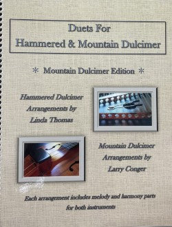 Cover of "Duets for Hammered & Mountain Dulcimer by Linda Thomas and Larry Conger," featuring images of hammered and mountain dulcimers, with a CD included for an enhanced musical experience.