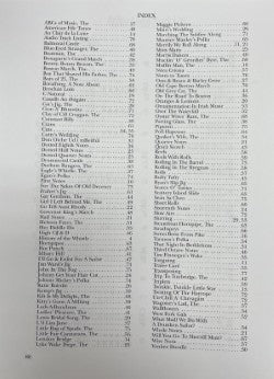 Index page featuring two columns with song titles and their corresponding page numbers from the Bill Ochs Tin Whistle Handbook.