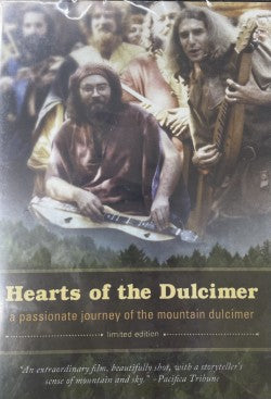 Film poster for the "Hearts of the Dulcimer" DVD, highlighting the California revival spirit with individuals playing mountain dulcimers set against a scenic backdrop of forested mountains.