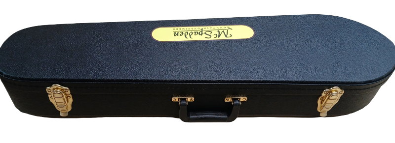A black Premier GINGER Dulcimer Hard Case, featuring a handle, gold latches, and a gold "McSpadden" label on the lid—available as an upgrade when buying a new dulcimer.
