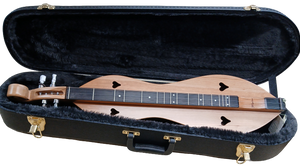 A Premier GINGER Dulcimer rests in a black, plush-lined Premier GINGER Dulcimer Hard Case UPGRADE with gold latches, included when buying a new dulcimer.