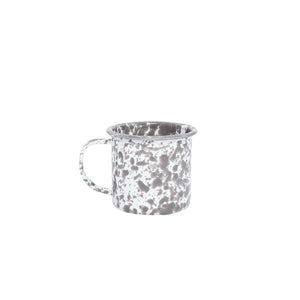 Splatter Enamelware 12 oz Mug, designed with black speckles on classic white enamelware and a sturdy handle, is shown isolated on a plain white background—perfect for entertaining guests with style.